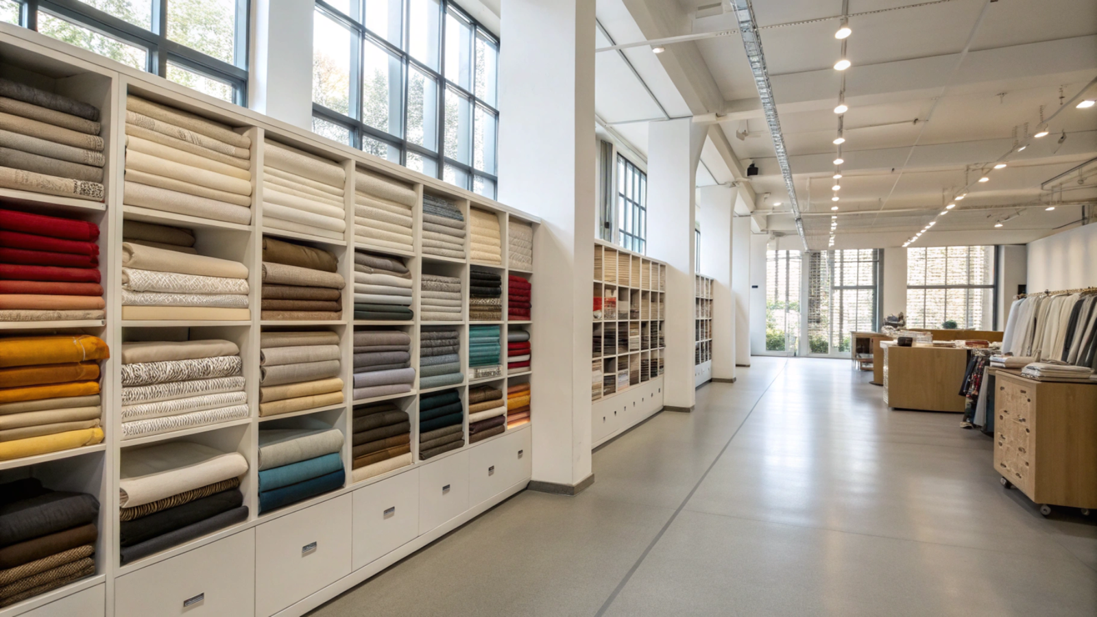 Fabric research area with color-organized sample books on wall
